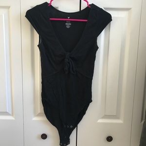 black tie-front body suit